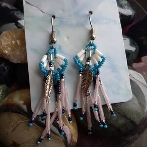 Handmade Beaded Fringe and Silver Feather Southwest Style Earrings